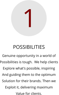 POSSIBILITIES Genuine opportunity in a world of  Possibilities is tough.  We help clients  Explore what's possible, inspiring  And guiding them to the optimum  Solution for their brands. Then we Exploit it, delivering maximum  Value for clients. 1