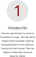 POSSIBILITIES Genuine opportunity in a world of  Possibilities is tough.  We help clients  Explore what's possible, inspiring  And guiding them to the optimum  Solution for their brands. Then we Exploit it, delivering maximum  Value for clients. 1